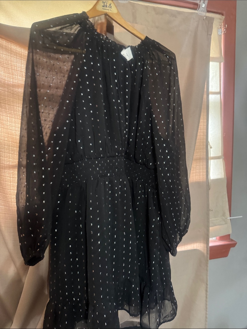 Old Navy Black Sheer Dot Long Sleeve Mini Dress